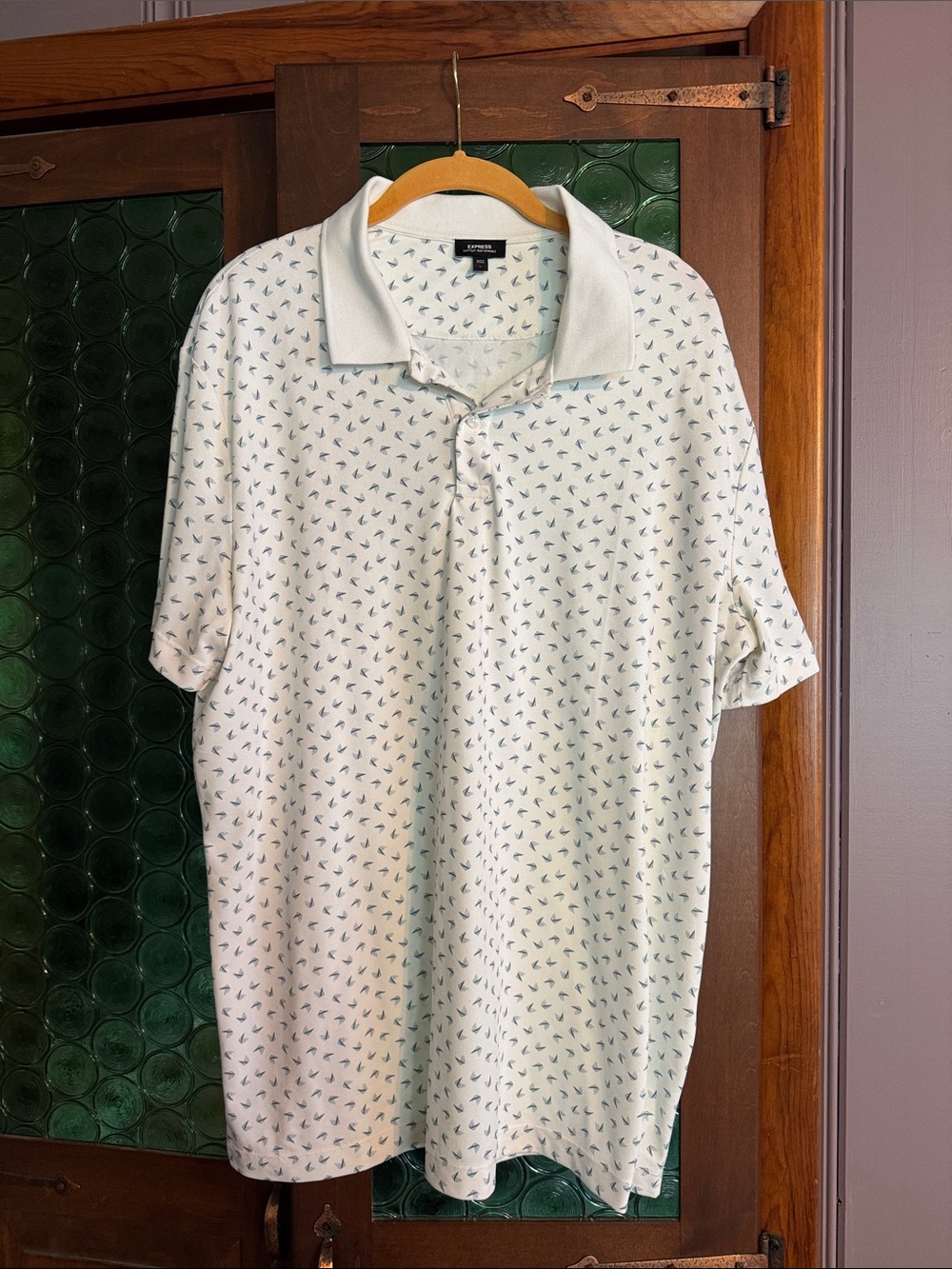 Express White Polo with Small Navy Micro Print